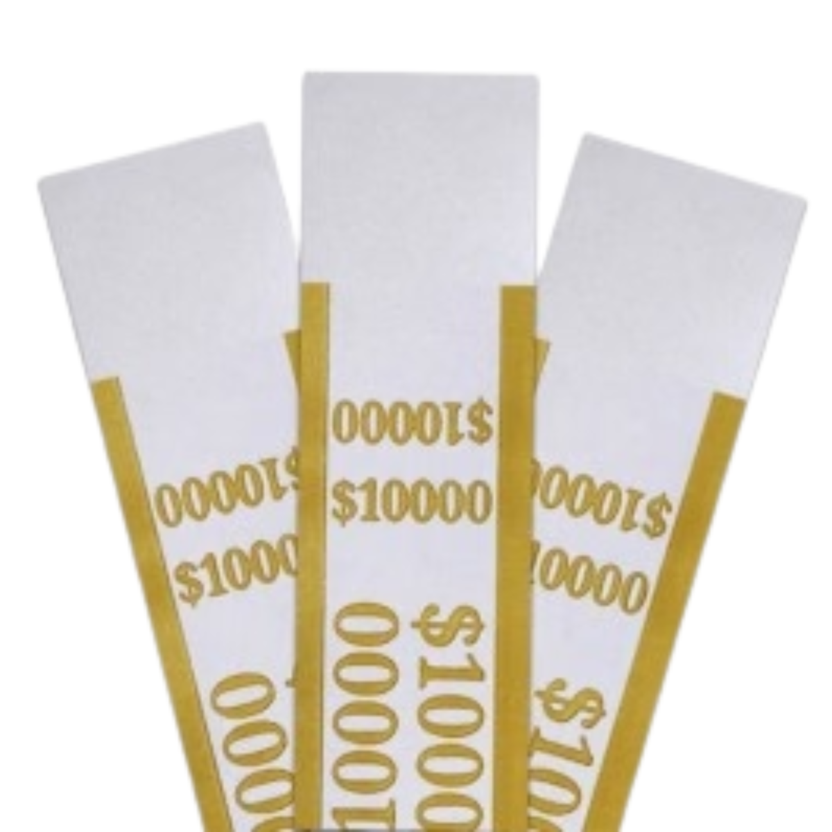 Mustard pre-sealed currency straps for a $10,000 stack of one-hundred-dollar bills