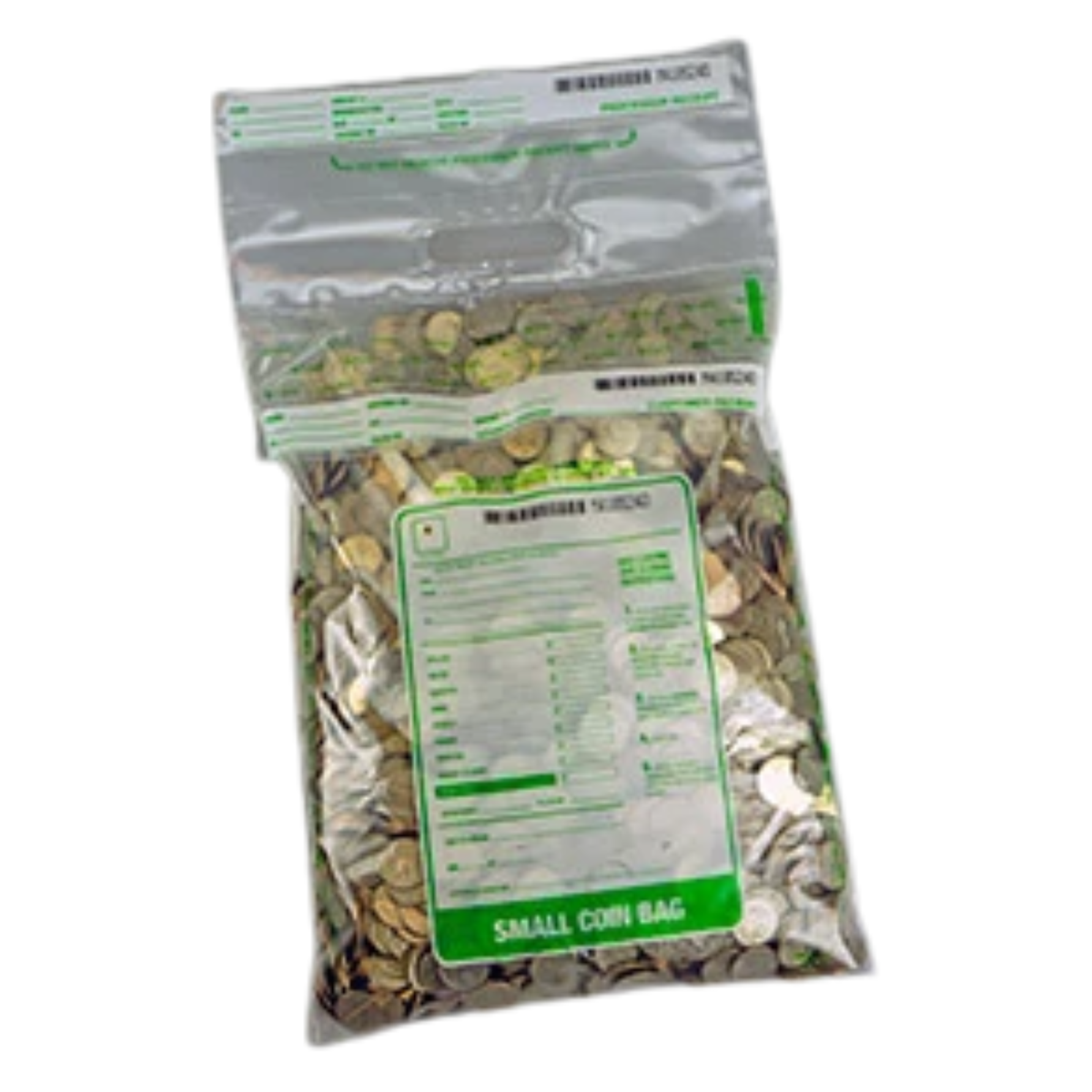 Novolex Shields SSD1117COIN clear 11 x 17-inch tamper-evident coin shipping bag filled with loose coins and showing its write-on panel, barcode and reinforced handle