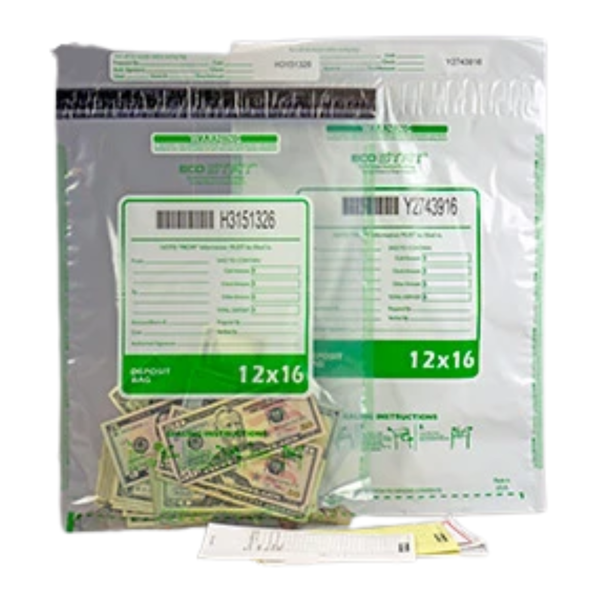 Novolex SSD1216C clear 12 x 16 inch tamper-evident deposit bag with printed barcode form, cash and checks