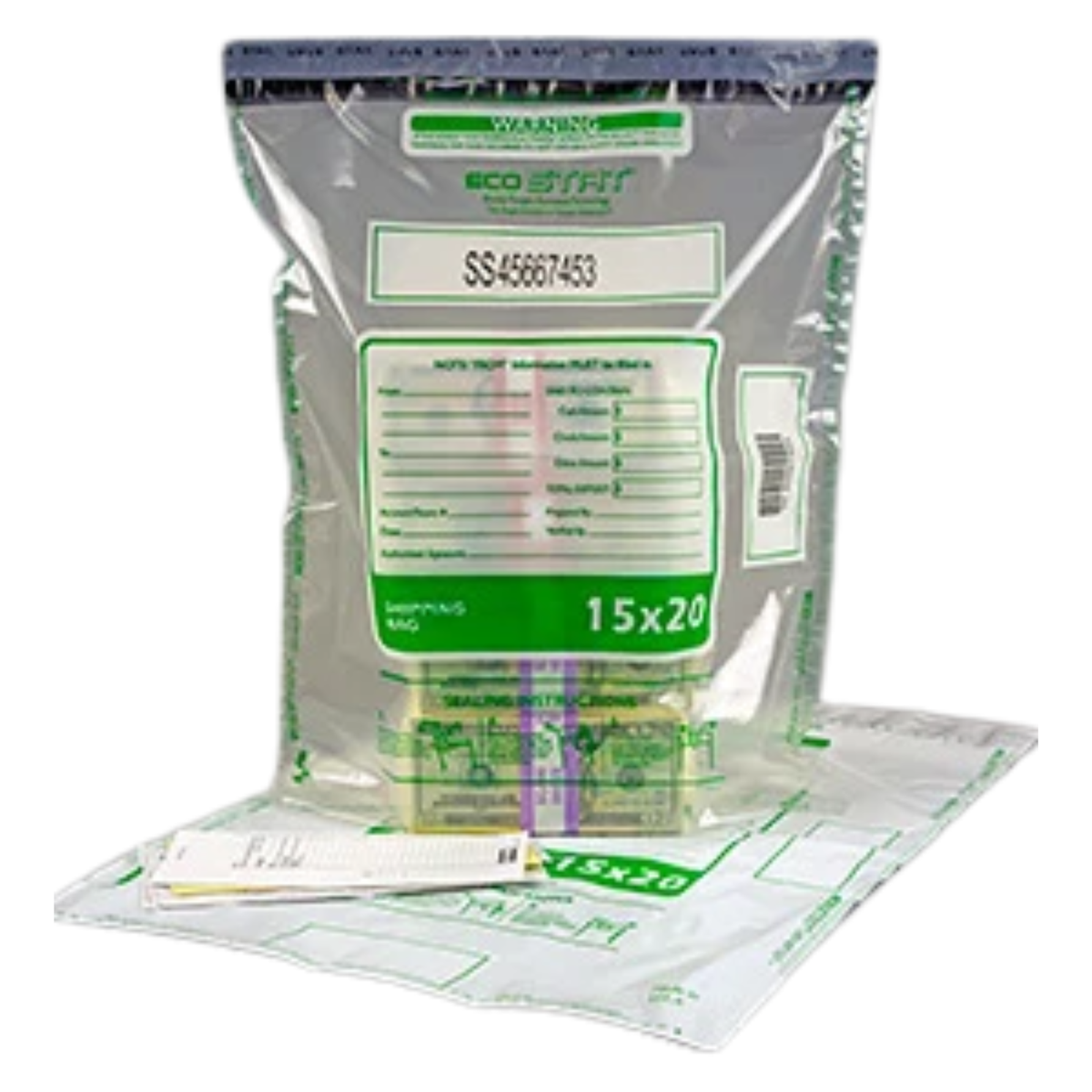 Novolex SSD1520C clear 15 x 20 inch tamper-evident deposit bag with printed barcode fields and VOID closure