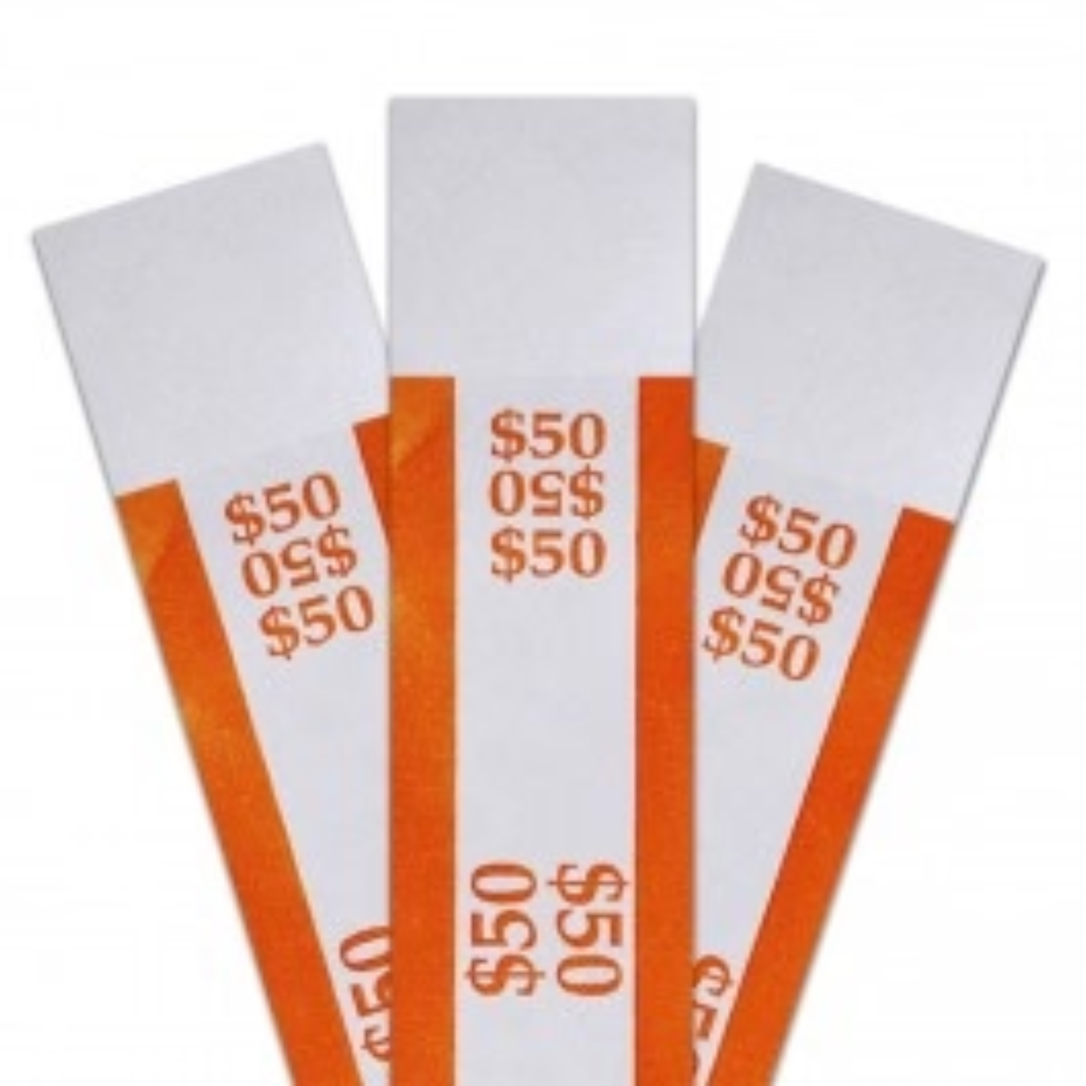Orange pre-sealed currency straps printed with a $50 total