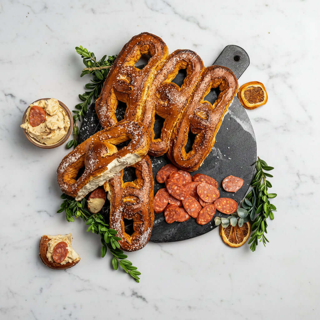 Pretzels on a serving board with dip and sliced sausage; photographed for a separate pretzel presentation