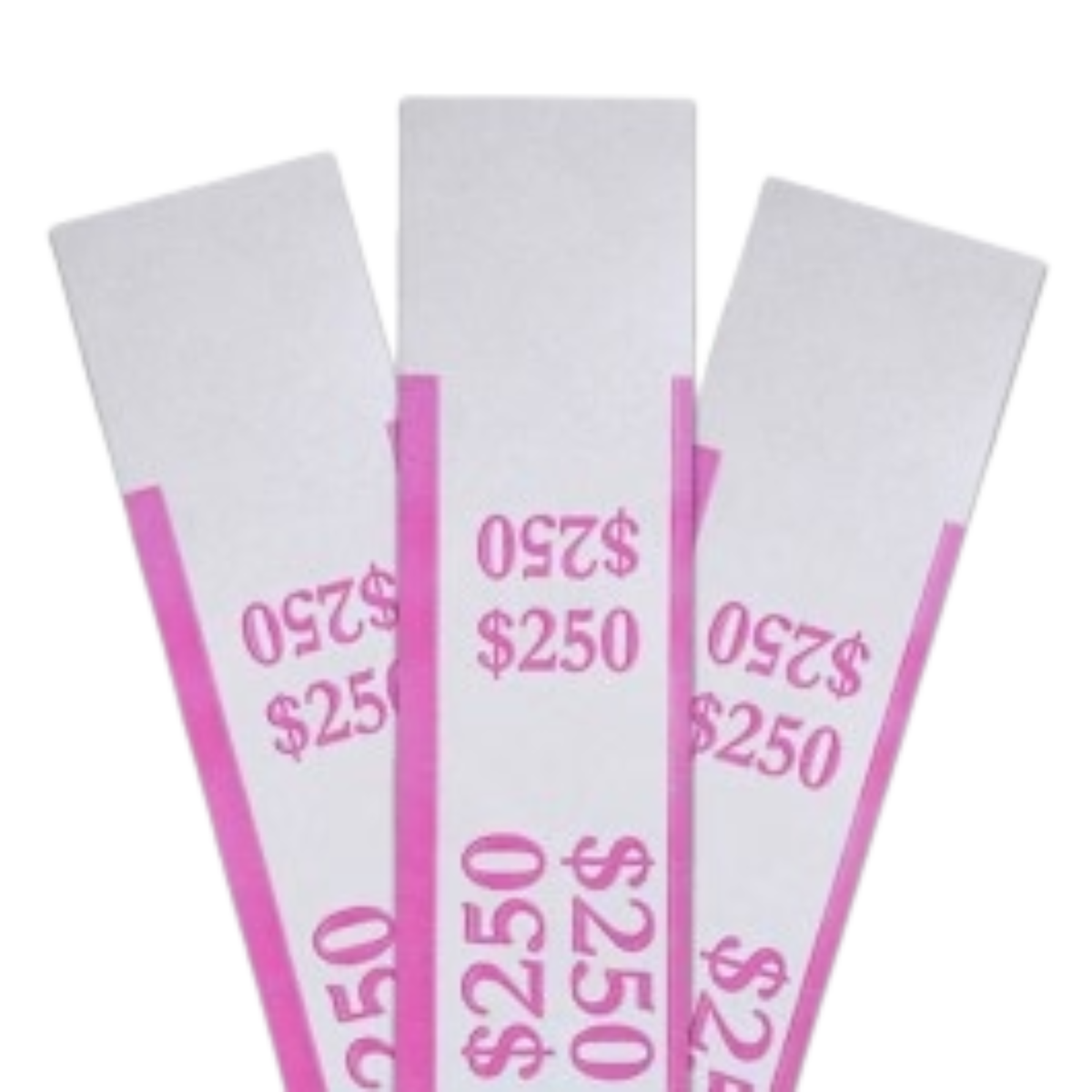 Pink pre-sealed currency straps printed with a $250 total