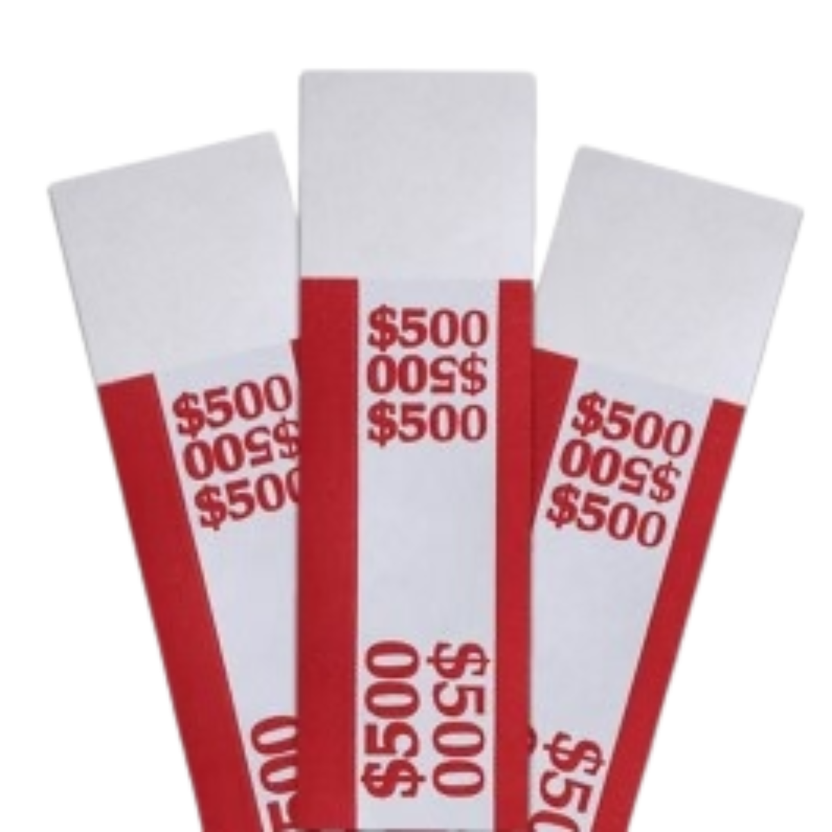 Red pre-sealed currency straps for a $500 stack of five-dollar bills