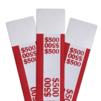 Red pre-sealed currency straps for a $500 stack of five-dollar bills