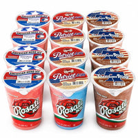 Twelve cups of Rosati water ice arranged in a grid on a white background, featuring four flavors: American Hero Ice (natural and strawberry), Patriot 250 (natural and vanilla), and Freedom Rush (natural and chocolate).