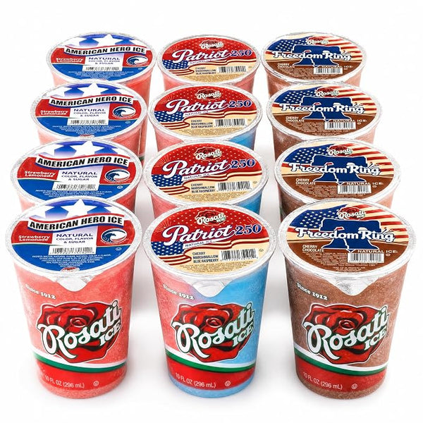 Twelve cups of Rosati water ice arranged in a grid on a white background, featuring four flavors: American Hero Ice (natural and strawberry), Patriot 250 (natural and vanilla), and Freedom Rush (natural and chocolate).