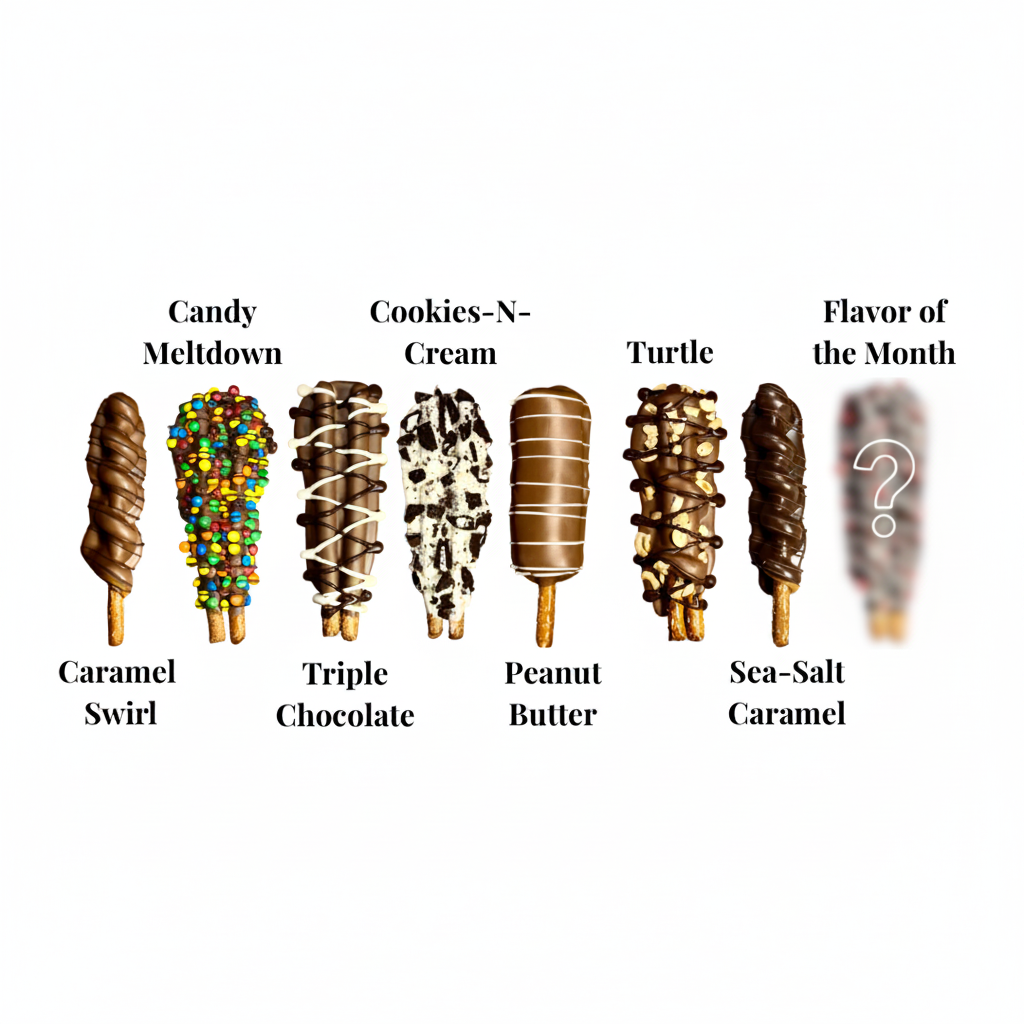 Eight Sarah’s Gourmet Pretzels sampler flavors including caramel, candy, cookie, chocolate, peanut butter, turtle and seasonal selections