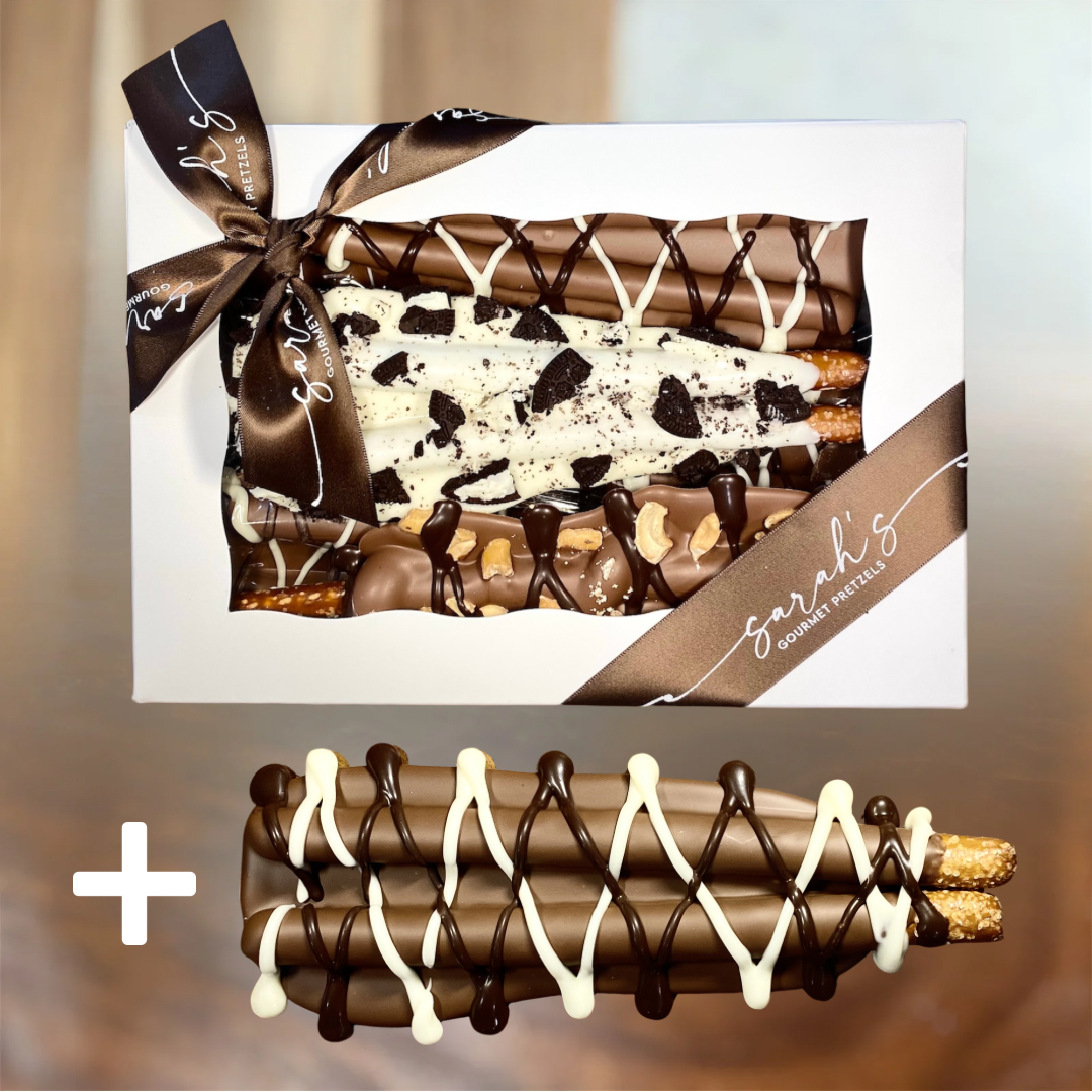 Sarah’s Gourmet Pretzels eight-flavor gift box with one additional chocolate-covered pretzel of the customer’s choice