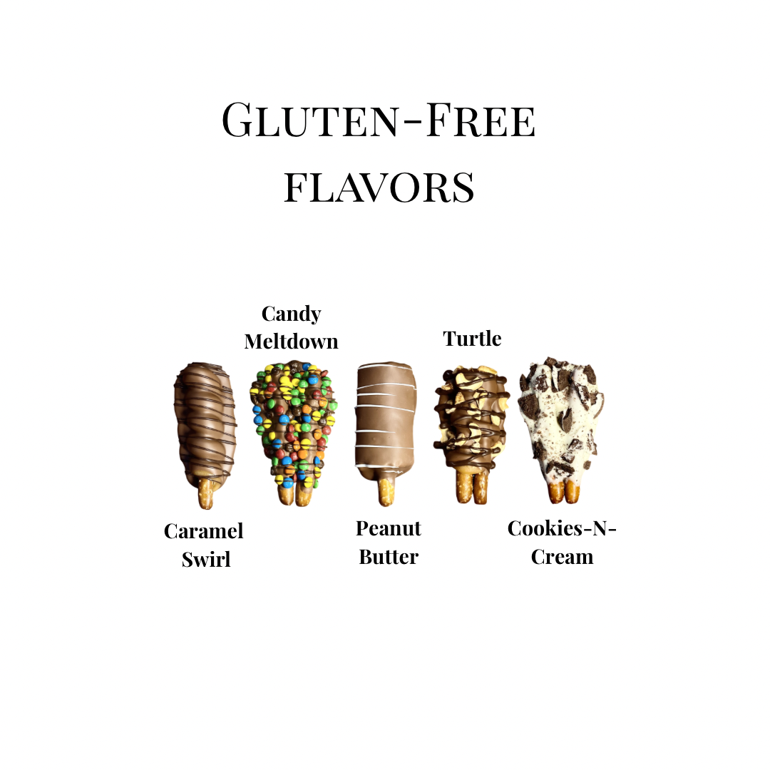 Five pictured gluten-free pretzel flavors including caramel, candy, peanut butter, turtle and cookies and cream