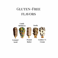 Five pictured gluten-free pretzel flavors including caramel, candy, peanut butter, turtle and cookies and cream