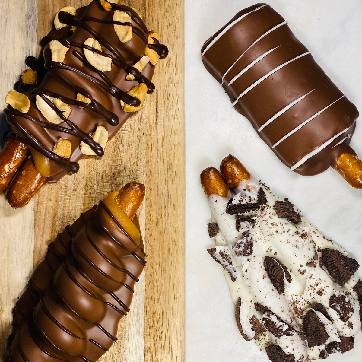 Gluten-free chocolate pretzel rods with turtle, caramel, peanut butter and cookies-and-cream toppings