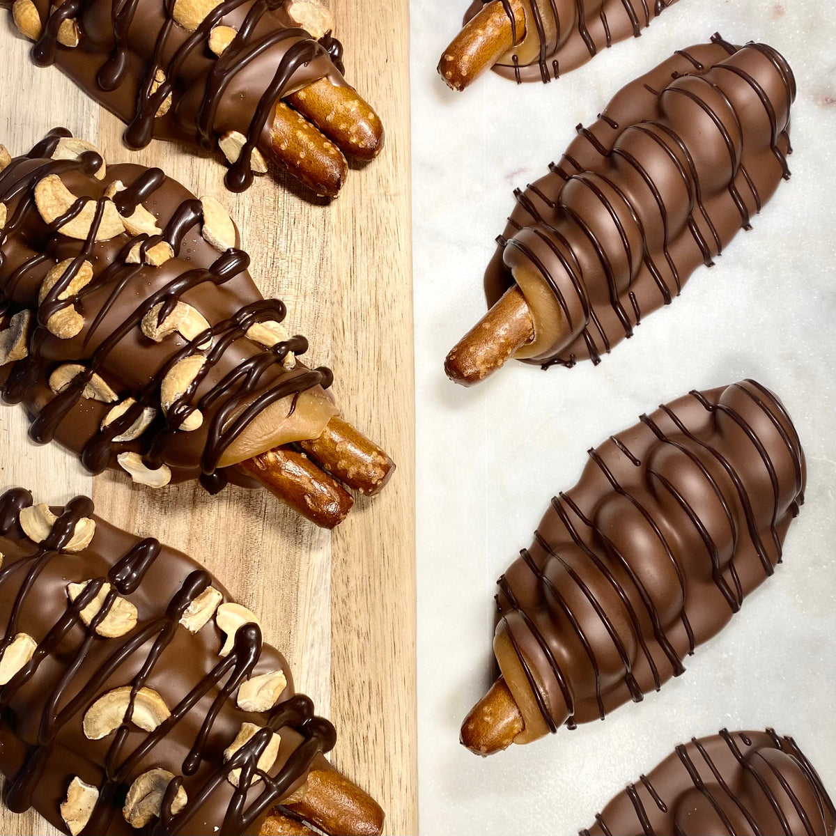 Close-up of Sarah’s gluten-free Peanut Butter Delight and Cashew Caramel Turtle chocolate-covered pretzels