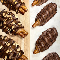 Close-up of Sarah’s gluten-free Peanut Butter Delight and Cashew Caramel Turtle chocolate-covered pretzels