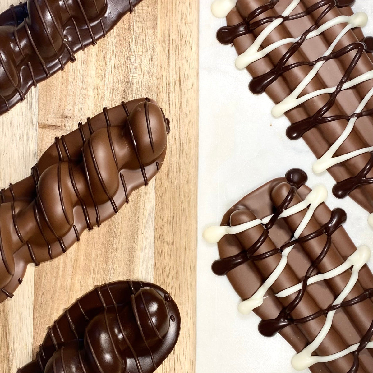 Close-up assortment of Sarah’s Gourmet milk, dark and drizzled chocolate-covered pretzels