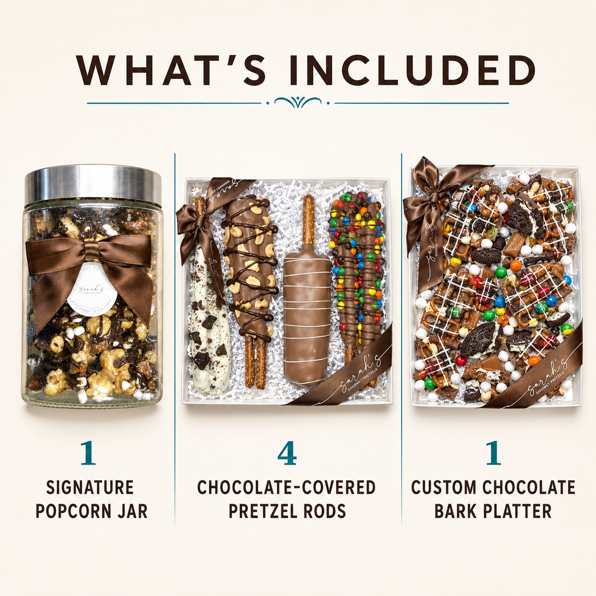 Sarah’s Gourmet Party Pack with one signature popcorn jar, four chocolate-covered pretzel rods and one custom chocolate bark platter