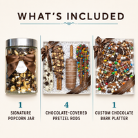 Sarah’s Gourmet Party Pack with one signature popcorn jar, four chocolate-covered pretzel rods and one custom chocolate bark platter