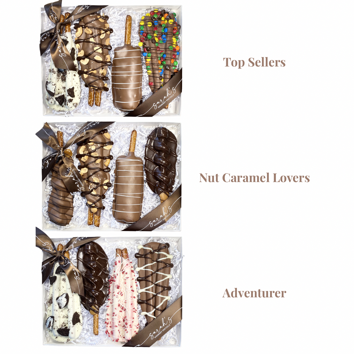 Top Sellers, Nut Caramel Lovers and Adventurer chocolate pretzel gift box assortment options
