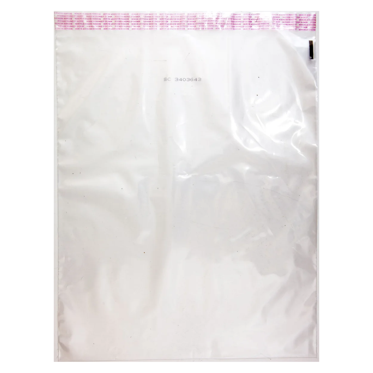 Front view of clear SCT 10 x 14 inch tamper-evident media bag with pink security closure and printed identifier