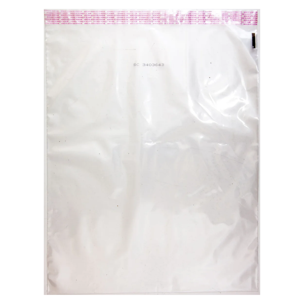 Front view of clear SCT 10 x 14 inch tamper-evident media bag with pink security closure and printed identifier