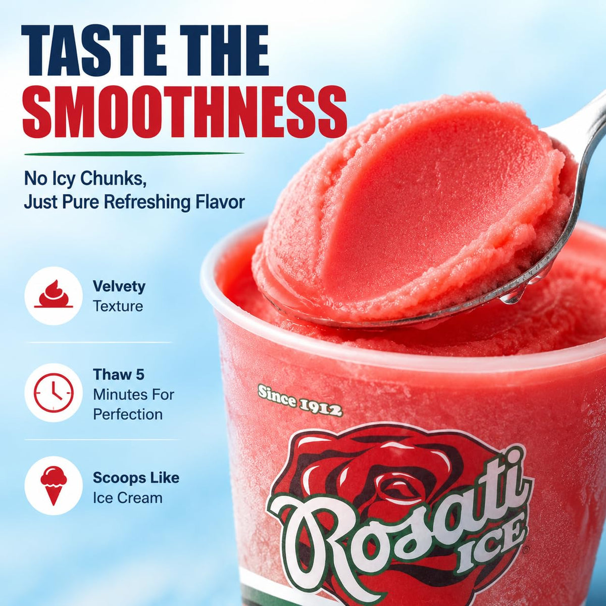 A cup of pink-red Rosati Ice slushie with a spoon lifting a scoop, set against a light blue background with promotional text and feature icons.