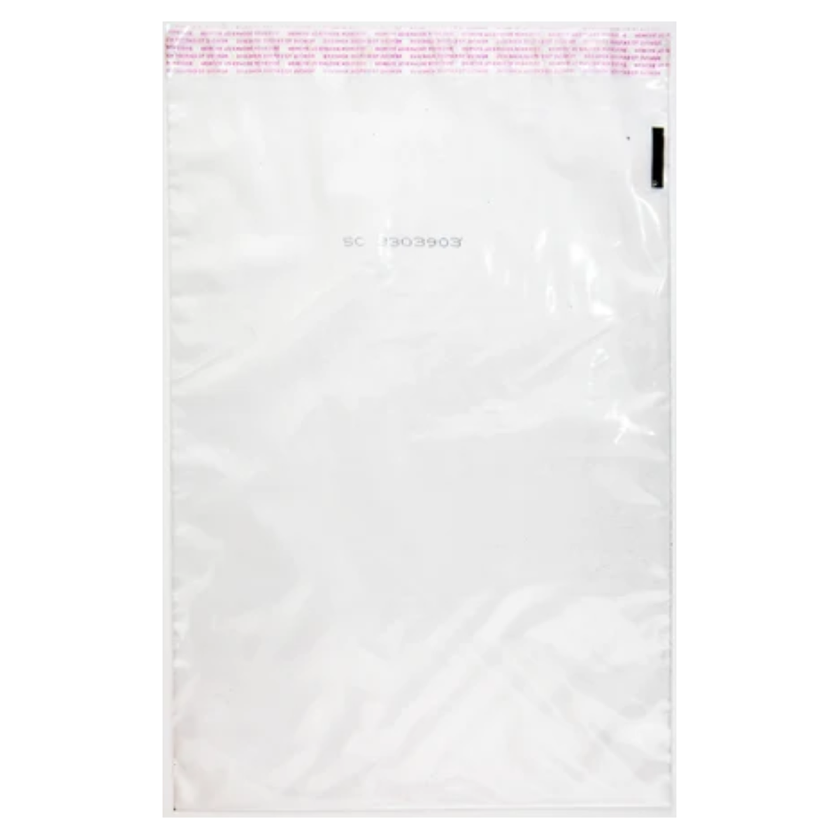 Front view of TDN clear 9 x 14 inch 5-mil tamper-evident hopper fill bag with pink security closure and printed identifier