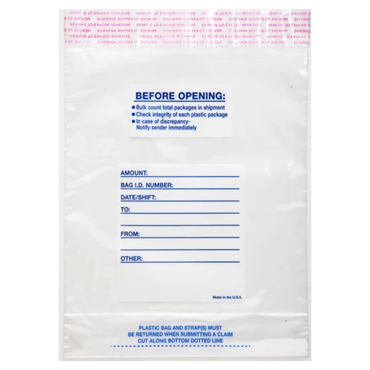 Front view of TDN 6 x 9 inch tamper-evident five-strap currency bag with printed cash identification panel