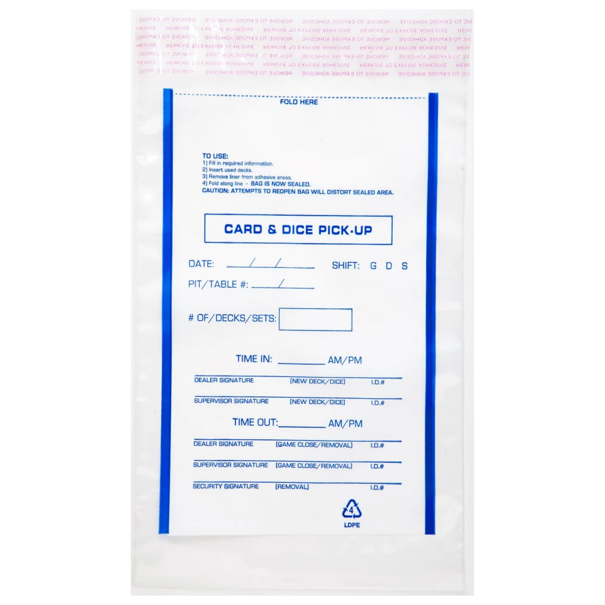 Front view of TDN 10 x 14 inch printed tamper-evident Card and Dice Pick-Up bag with casino tracking form