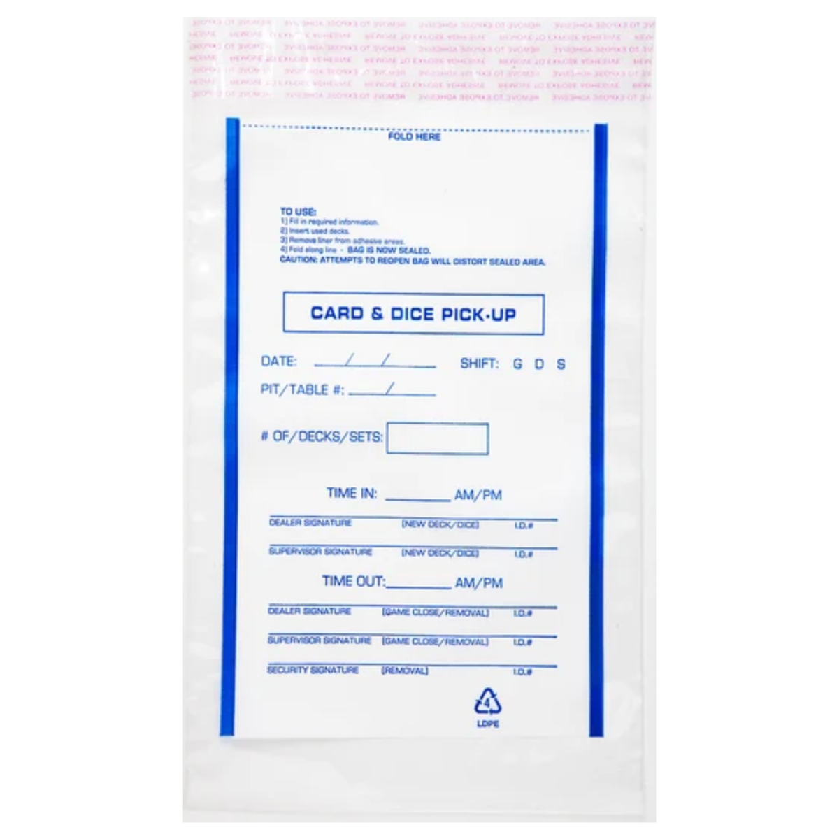 Front view of TDN 6 x 9 inch printed tamper-evident Card and Dice Pick-Up bag with casino tracking form