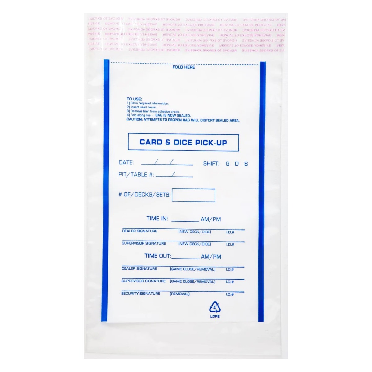 Front view of TDN 9 x 12 inch printed tamper-evident Card and Dice Pick-Up bag with casino tracking form