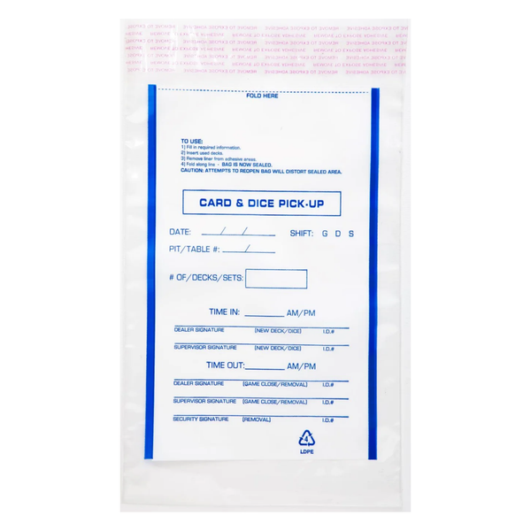 Front view of TDN 9 x 12 inch printed tamper-evident Card and Dice Pick-Up bag with casino tracking form