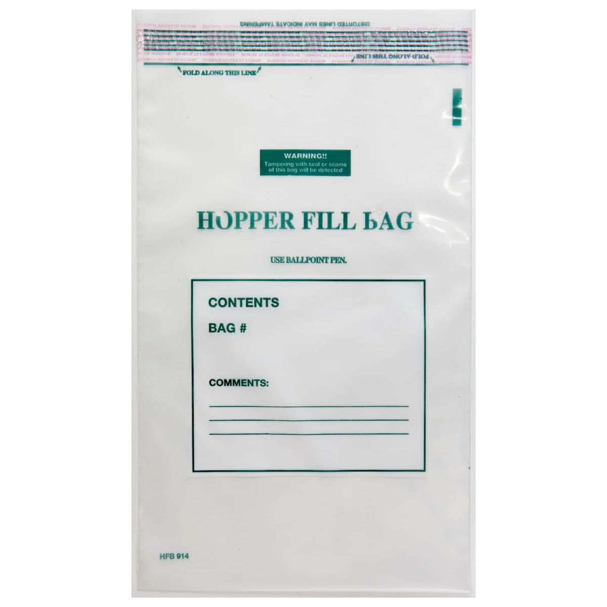 Front view of TDN printed 9 x 14 inch 5-mil tamper-evident hopper fill bag with Contents, Bag Number and Comments fields