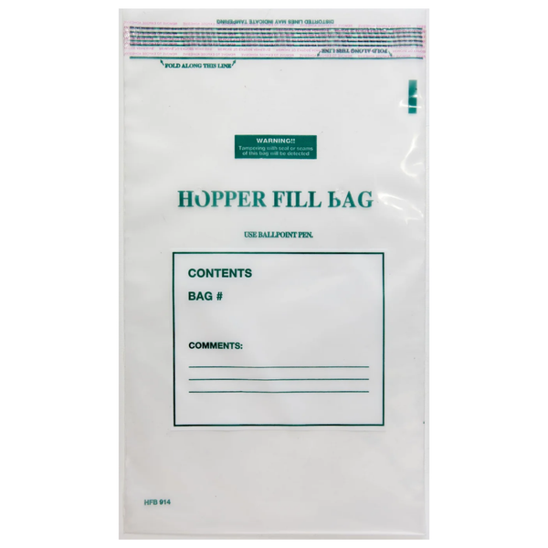 Front view of TDN printed 9 x 14 inch 5-mil tamper-evident hopper fill bag with Contents, Bag Number and Comments fields