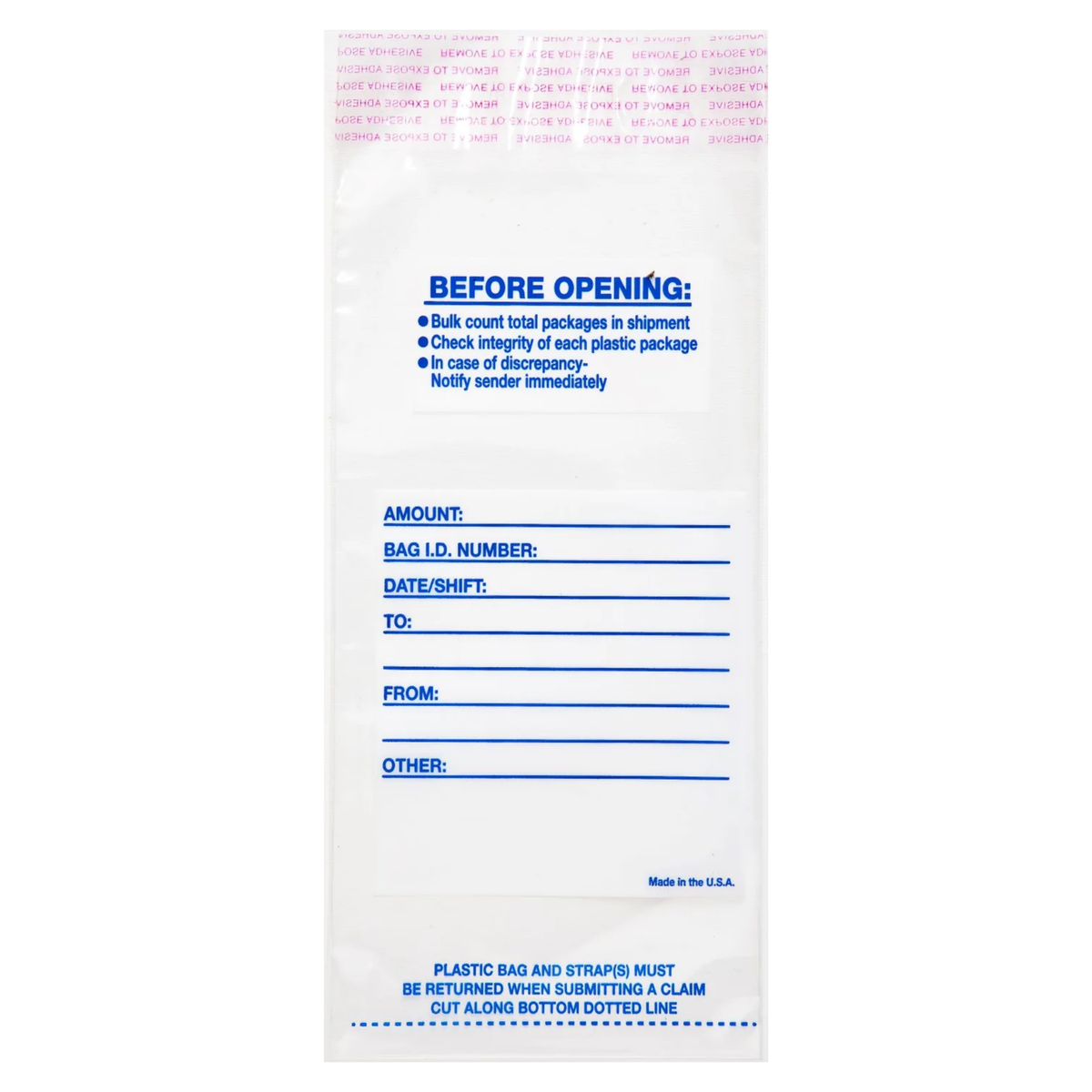 Front view of TDN 4.5 x 7.5 inch tamper-evident single-strap currency bag with printed identification panel