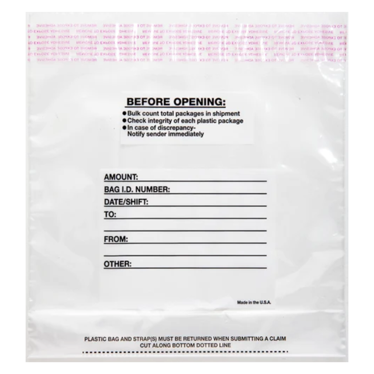 Front view of clear TDN 7.5 x 8.5 inch ten-strap tamper-evident cash bag with pink security closure and writable identification panel