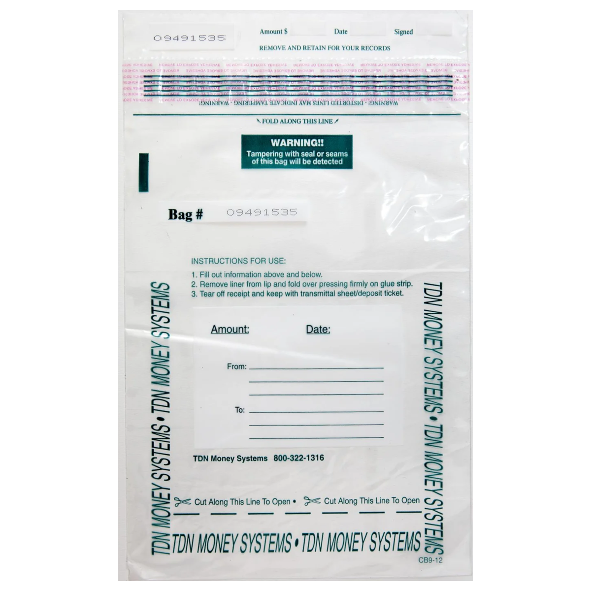 Front view of clear TDN 9 x 12 inch tamper-evident transport cash bag with sequential number, detachable receipt and transaction fields