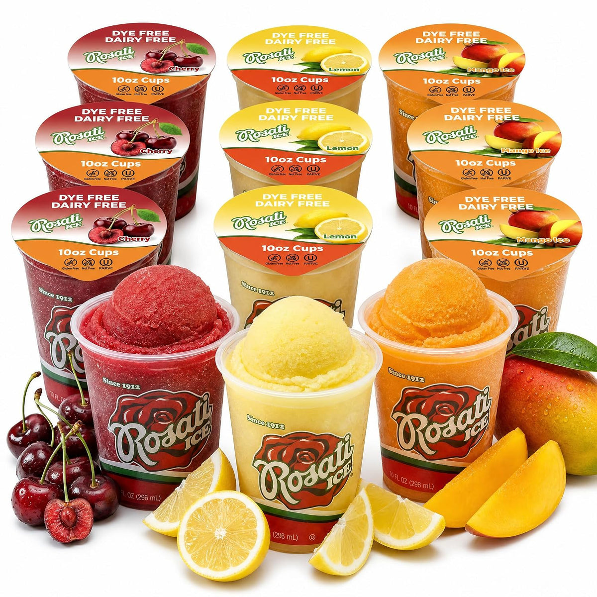 Twelve Rosati water ice cups arranged in a grid with their lids off, showing the frozen dessert inside. The flavors visible are cherry, lemon, and mango.