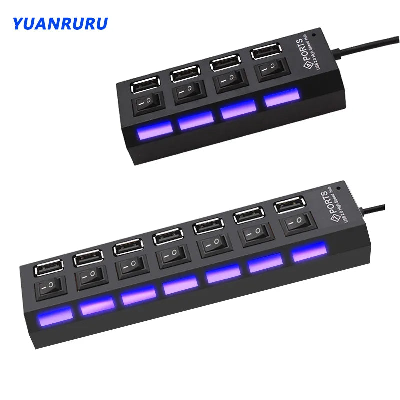 Black four-port and seven-port USB-A hubs with individual switches and illuminated indicators