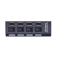 Top view of black four-port USB-A hub with individual switches
