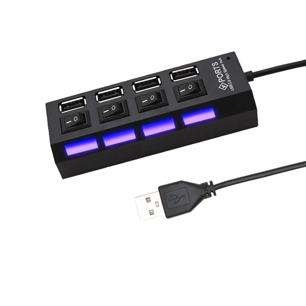 Black four-port USB-A hub with four individual switches, indicator lights, and attached USB-A cable