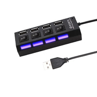 Black four-port USB-A hub with four individual switches, indicator lights, and attached USB-A cable