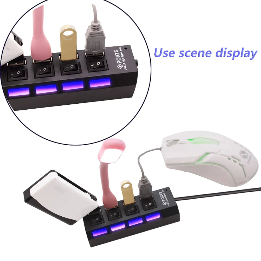 Four-port USB hub with several USB accessories connected