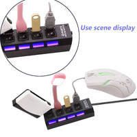 Four-port USB hub with several USB accessories connected