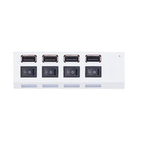 Top view of white four-port USB-A hub with individual switches