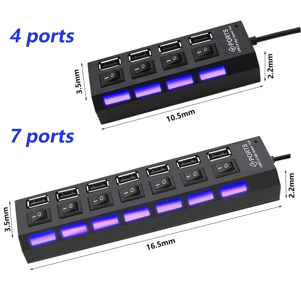 Four-port and seven-port USB hubs with supplier dimension markings