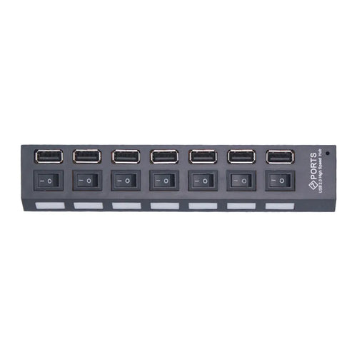 Top view of black seven-port USB-A hub with individual switches
