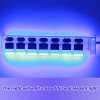 Seven-port USB hub shown with illuminated blue indicators
