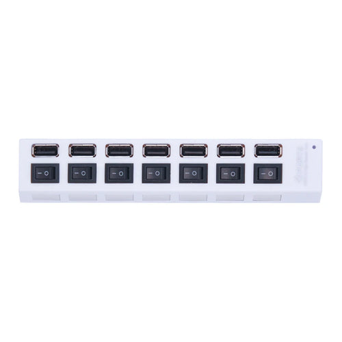Top view of white seven-port USB-A hub with individual switches