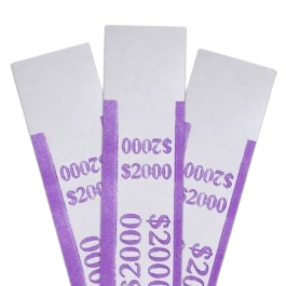 Violet pre-sealed currency straps for a $2,000 stack of twenty-dollar bills