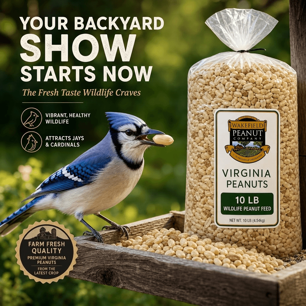 Wakefield 10 lb wildlife peanut feed beside a Blue Jay at a backyard feeder